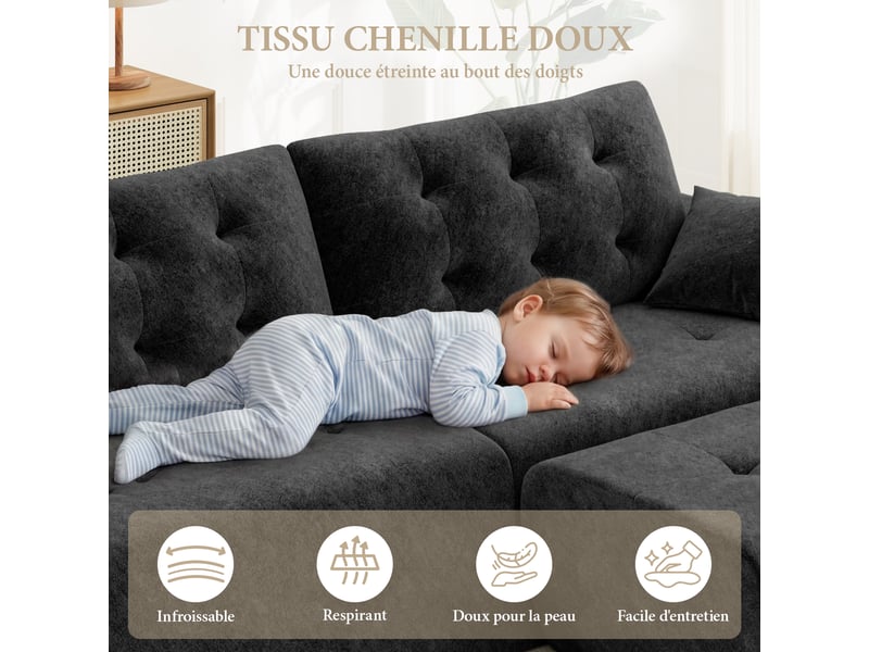  Canapé modulable en chenille noir mousse haute densité avec pouf,canapé salon 275cm style nuage confortable,compressé sans montage 275x174x66CM - Conforama D