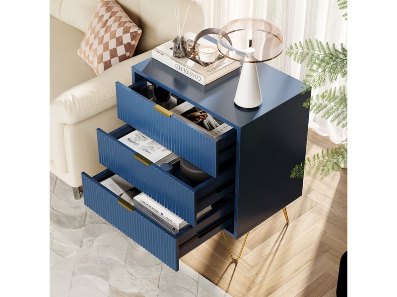 Table de chevet avec 3 tiroirs,manches et pieds en couleur doré, table de chevet,moderne, 60 x 40 x 70 cm, bleu - Conforama B