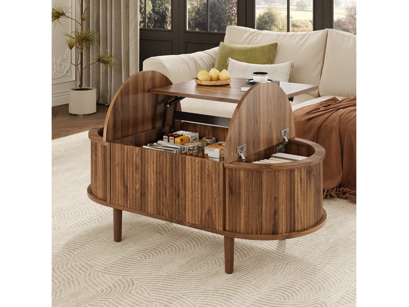  Table basse ovale relevable avec rangements, coloris noyer, 100 x 48 x 53,5 cm  - Conforama D