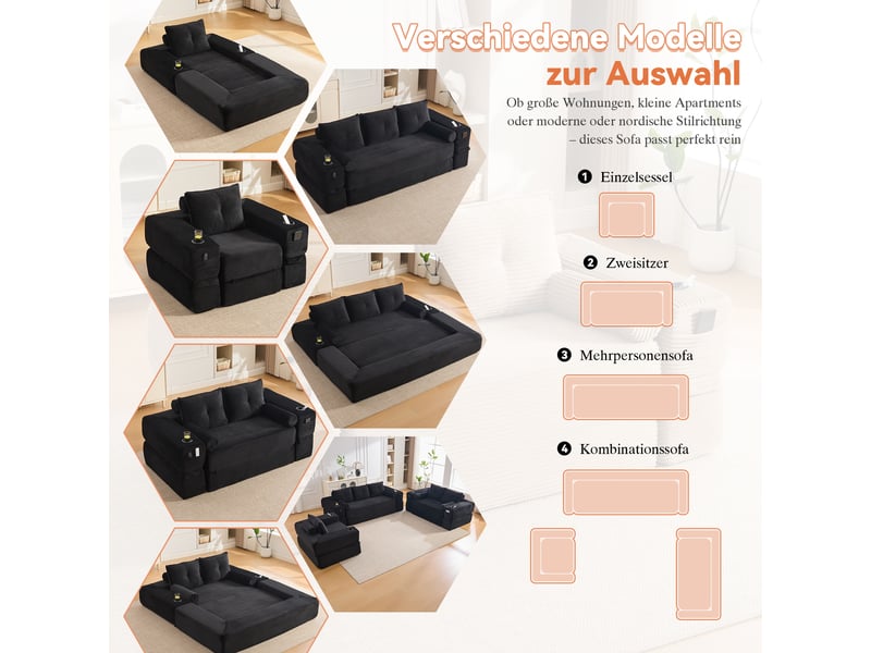  Canapé convertible 2 places avec porte-gobelet et poches latérales -  mousse mémoire, velours côtelé noir  - Conforama E