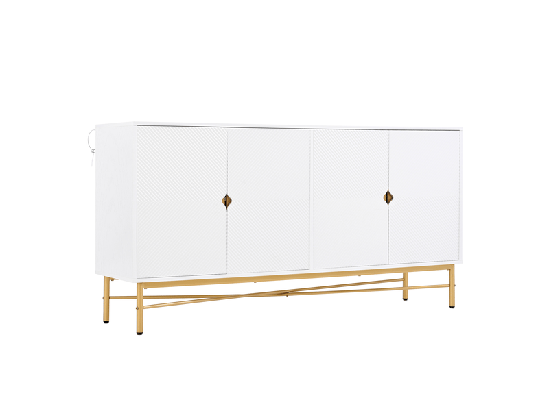  Buffet avec texture surélevée 160cm, armoire à quatre portes, poignées dorées brossées et pieds de table brillants, blanc, 160×40×82 cm  - Conforama D