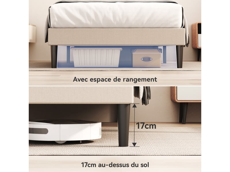 Lit 90 x 200 avec sommier,cadre de lit en métal robuste et durable, lattes en bois,lin beige - Conforama B