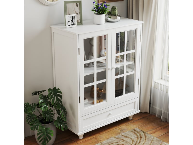  Buffet blanc minimaliste avec doubles portes en verre et tiroir, meuble de rangement en bois moderne pour salon salle à manger entrée  - Conforama E