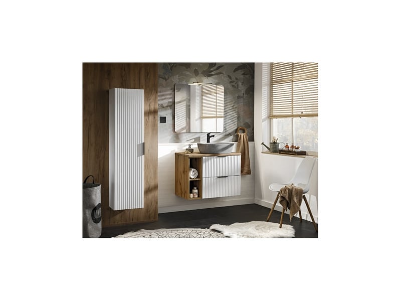  Ensemble de salle de bain noxera – meuble sous vasque suspendu avec vasque imitation marbre, rangements, miroir et lampe led  - Conforama B