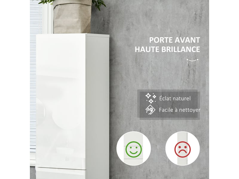 Meuble colonne rangement salle de bain style contemporain 2 placards 3 étagères et 1 tiroir coulissant panneaux particules brillant dim. 30l x 28p x 170h cm blanc laqué  - Conforama E