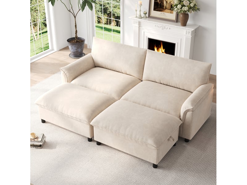  Canapé modulable 4 places convertible en chenille beige avec 2 poufs mobiles  - Conforama D