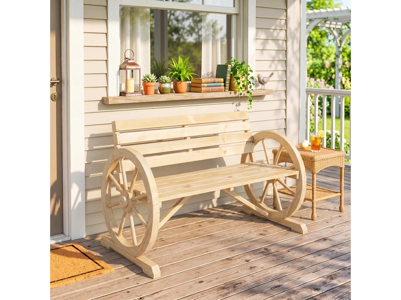  Banc de jardin banc 3 places en bois style rustique chic accoudoirs roues charette bois sapin effet bois naturel  - Conforama C
