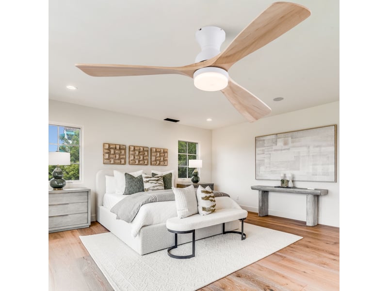  Ventilateur de plafond avec éclairage et télécommande, plafond silencieux pour chambre et salon, 3 pales en bois massif 132 cm, bois naturel  - Conforama C