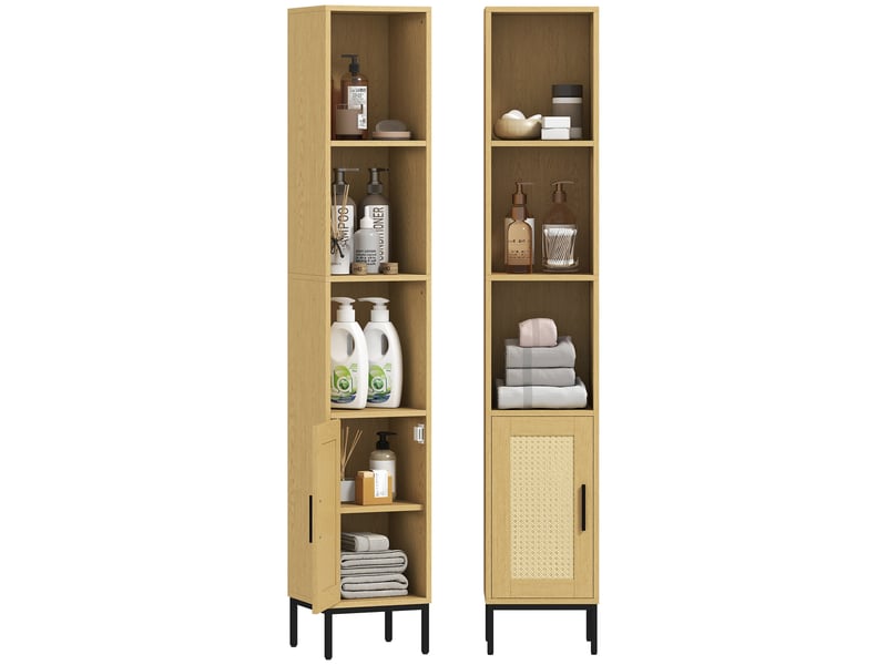  Armoire de salle de bain haute et étroite avec étagères ouvertes et étagère réglable, aspect bois naturel  - Conforama A