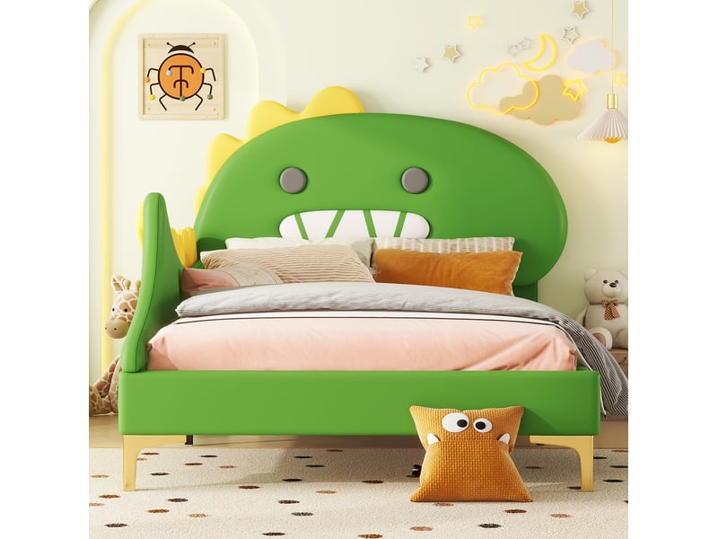  Lit enfant 90x200 cm dinosaure cartoon en pu et panneau mdf vert  - Conforama D