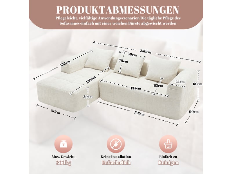  Canapé d'angle, canapé 3 places – en chenille, avec méridienne, sans montage, beige, poches latérales, avec accoudoirs  - Conforama R