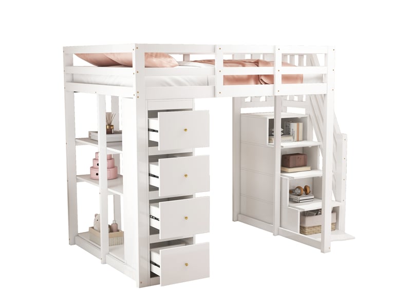  Lit mezzanine blanc 140x200cm avec rangement, échelle, étagères, gain de place, confort durable - bois massif - pour enfant ado  - Conforama A
