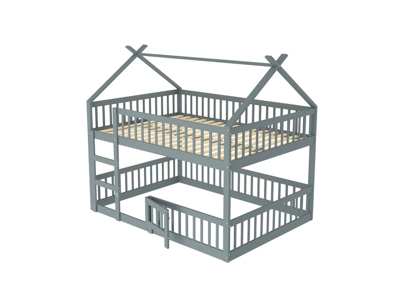  Lit superposé enfant 140x200 gris, lit mezzanine avec escalier et toit, cadre en bois massif pour chambre, charge 120 kg  - Conforama E