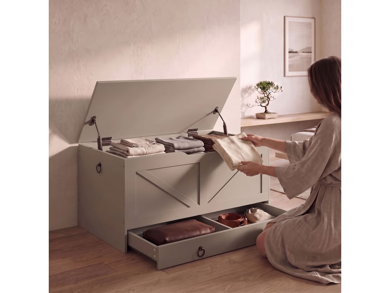  Kura - coffre de rangement 100x50x40 cm porte-objets avec charnières de sécurité et commode en bois taupe  - Conforama D
