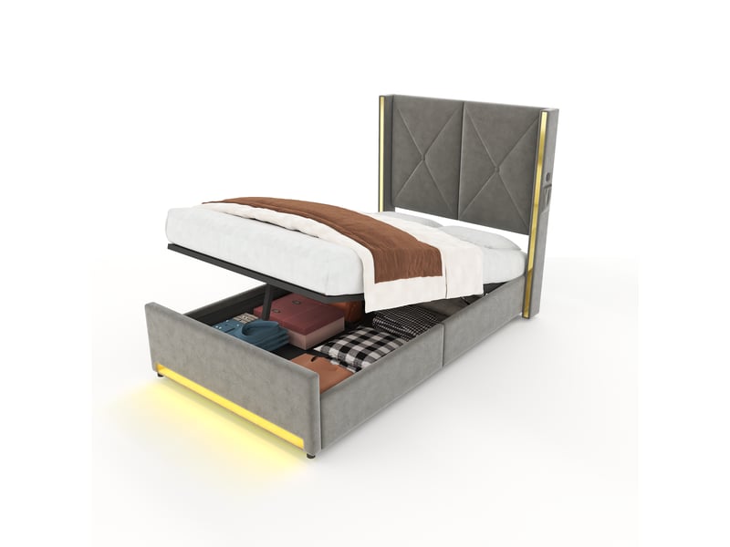  Lit rembourré en velours led usb 90x200 cm avec rangement hydraulique intégré  - Conforama E