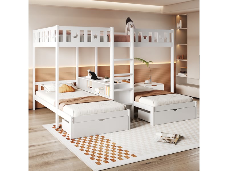  Lit superposé 3 places 90-140 x 200 cm avec 2 tiroirs led et rangements intégrés, structure bois, blanc BUYDEEMEUS - Conforama C