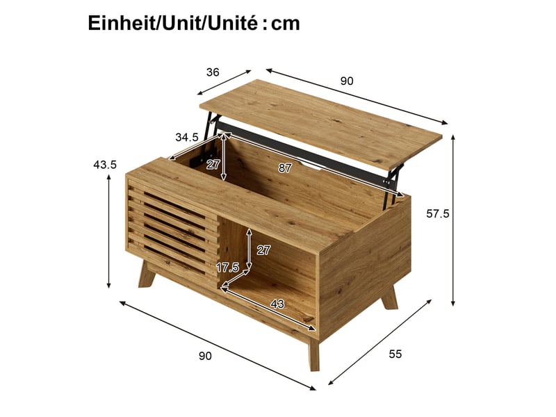  Table basse avec plateau relevable 90x55x57,5 cm en mdf finition bois naturel  - Conforama C