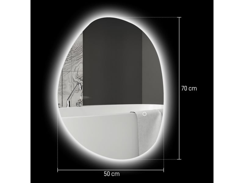  Miroir de salle de bain asymétrique avec éclairage led, miroir led 70x50 cm, anti-buée, 3 couleurs, interrupteur tactile, argenté.  - Conforama D