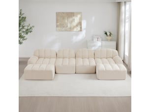 Canapé panoramique coquille 4 places, 2 poufs beigeblanc – 366 x 165 x 79 cm