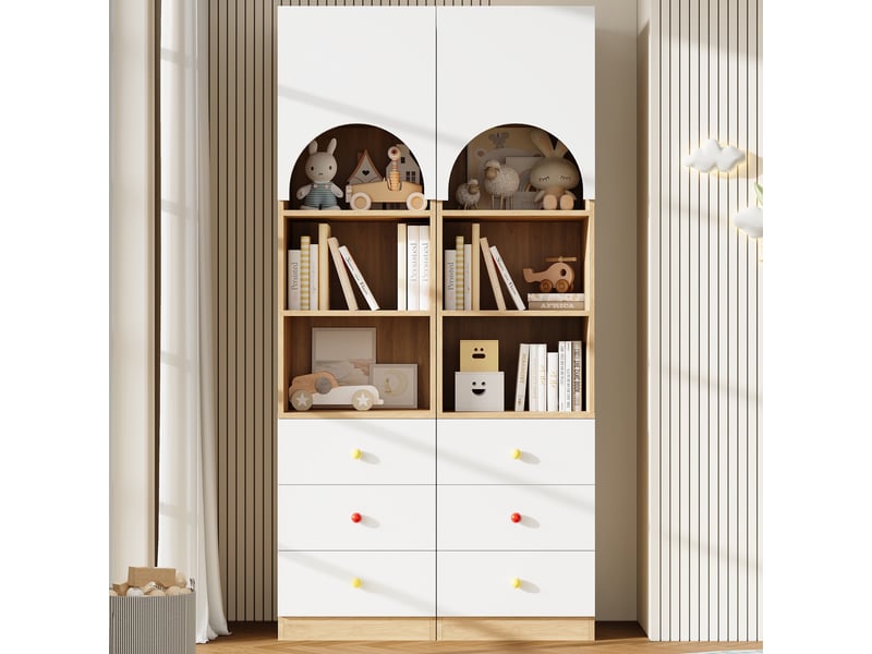  Lot de 2 bibliothèques enfant - 50x50x200 cm - meubles de rangement hauts avec porte arquée et 3 tiroirs - bois et blanc  - Conforama C