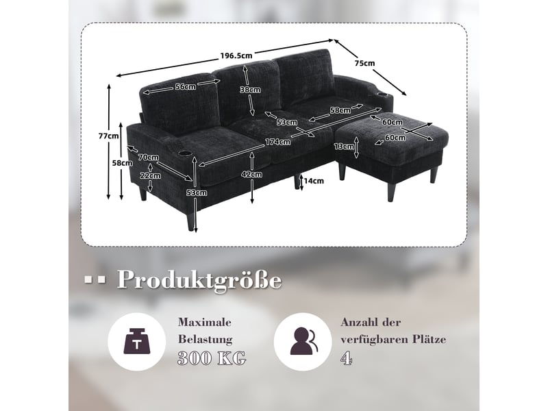  Canapé 4 places, canapé de salon – en velours, porte-gobelets, avec accoudoirs, poches latérales, avec pouf, avec rangement  - Conforama C