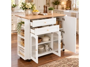 Îlot de cuisine - 2 tiroirs - rangements intégrés - portes vitrées - plateau rabattable - sur roulettes - meuble de cuisine - blanc