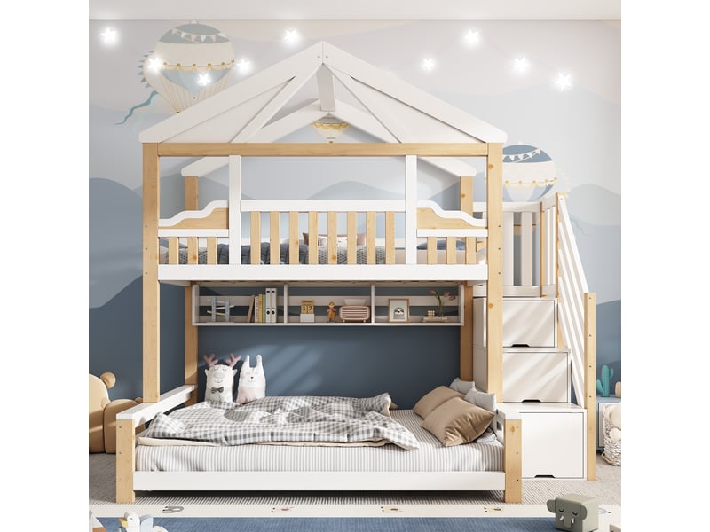  Lit superposé 90 x 200 cm, lit enfant à deux couchages, étagères ouvertes, structure en forme de maison, échelle, bois, naturel Morn Vibe - Conforama D