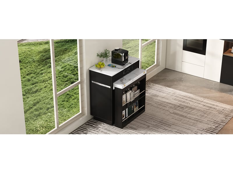  Îlot de cuisine avec plateau extensible, roulettes, éclairage led, prises usb et type-c, noir  - Conforama D
