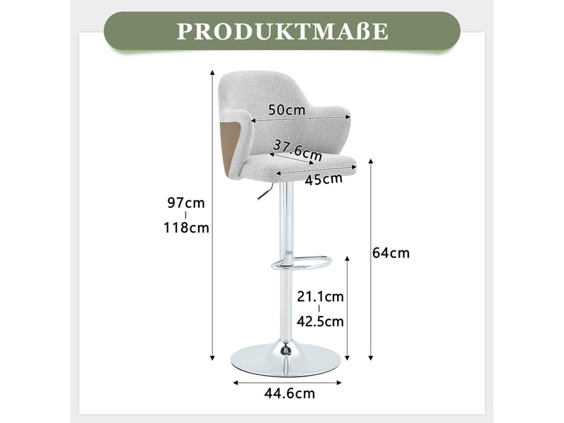  Lot de 2 tabourets de bar réglables,45x37,6x118 cm,tissu,gris et marron  - Conforama C