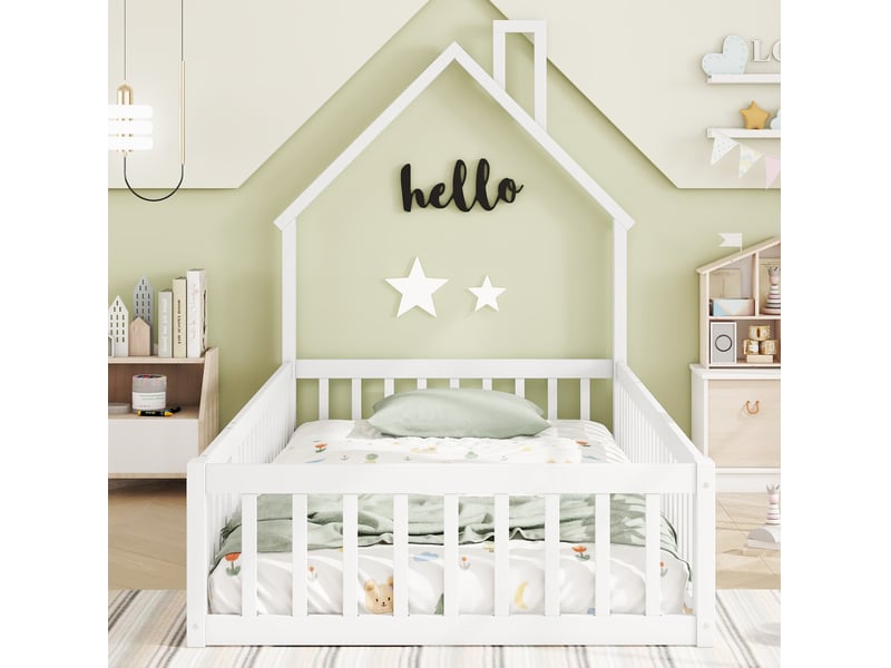  Lit enfant cabane 90x200 cm avec sommier à lattes et barrières blanc  - Conforama D