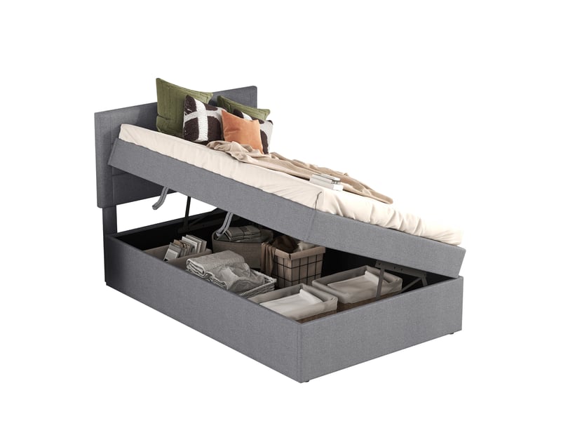  Lit rembourré 90 x 200 cm sans matelas, sommier à lattes, grand rangement, gris pour chambre  - Conforama A