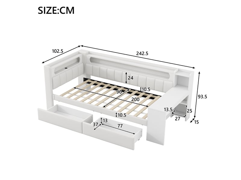 Lit plateforme 90x200 cm avec bureau, 2 tiroirs, led 7 couleurs, ports usb, tissu lin blanc, sans matelas - Conforama C