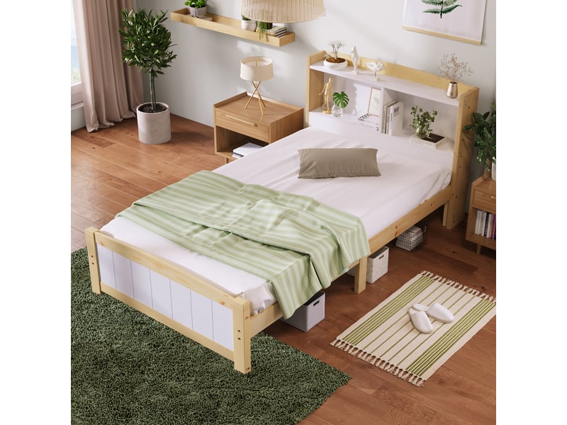  Lit simple en bois massif 90x200 cm avec sommier à lattes, naturel et blanc, lit simple capitonné avec tête de lit de rangement  - Conforama W