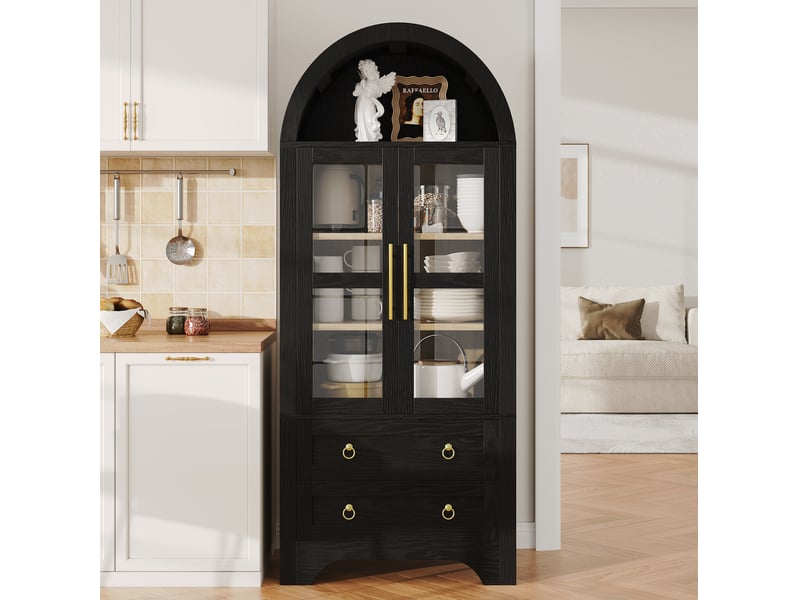  Buffet haut vitré avec 2 tiroirs, étagères réglables et niche ouverte pour cuisine et séjour, 76,2 × 40,1 × 180 cm  - Conforama C