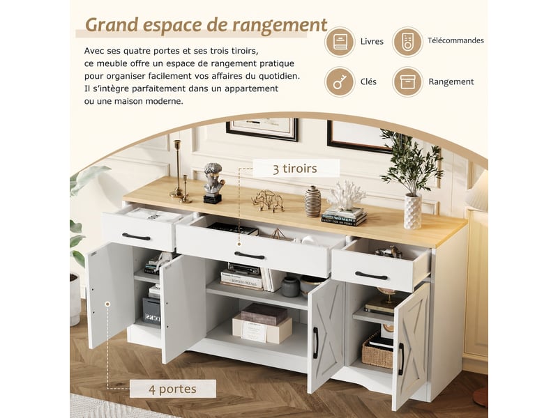  Buffet 4 portes 3 tiroirs en mdf 160 cm blanc et bois  - Conforama B
