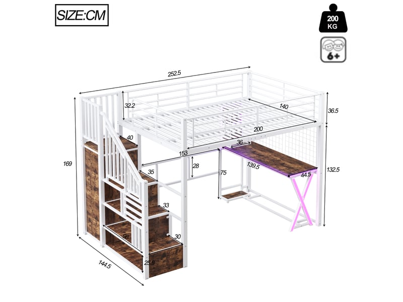 Lit mezzanine 140 x 200 cm avec bureau, armoire, led et escalier avec rangement, lit double en métal blanc avec étagères et garde-corps - Conforama D