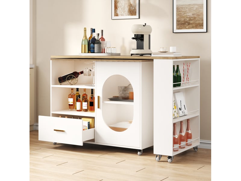  Îlot de cuisine mobile blanc, plateau décor bois clair rotatif à 360° et rangements, 120–180 × 60 × 90 cm  - Conforama B