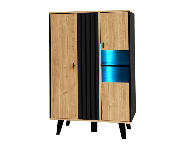 Buffet bois et noir 120 cm, vitrine avec éclairage led, 2 portes en verre, meuble de rangement - Conforama R