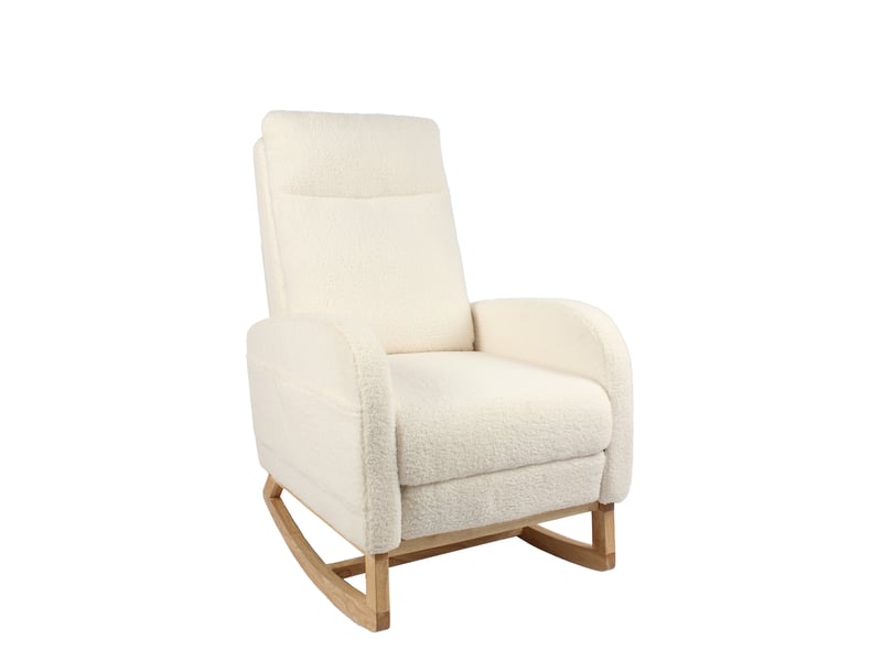 Fauteuil à bascule d'allaitement blanc en tissu bouclette, dossier haut, repose-pieds - Conforama E