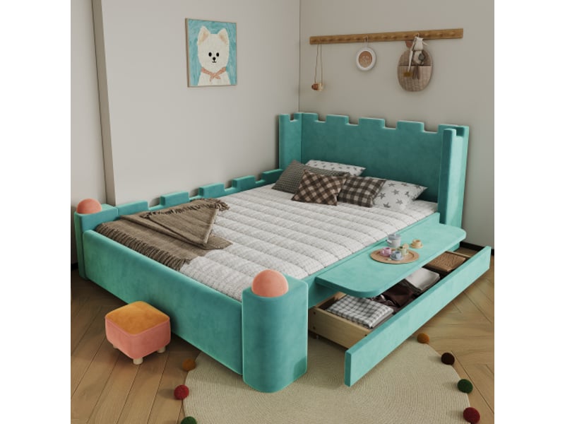  Lit enfant capitonné 140x200 - velours bleu-vert, design château, tiroir de rangement, tablette rabattable, anti-choc  - Conforama B
