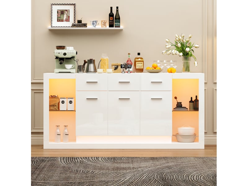 Meuble tv 160 x 40 x 75 cm blanc avec éclairage led, 3 tiroirs, 3 portes et 14 compartiments  - Conforama C