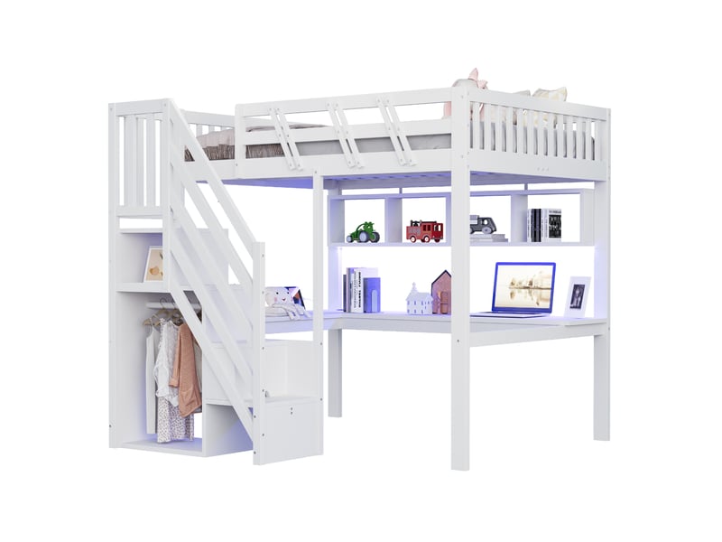  Lit mezzanine 140x200 cm avec bureau, escalier de rangement, led et prises usb en bois blanc sans matelas  - Conforama A