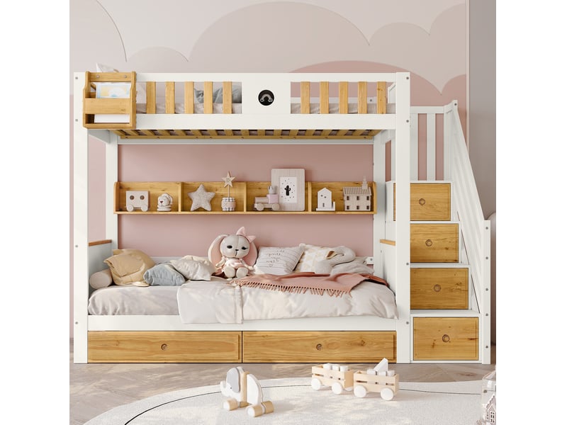  Lit superposé enfant 90x200 cm avec escalier de rangement, blanc et naturel  - Conforama D