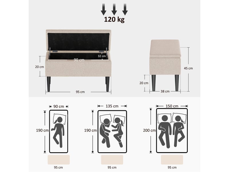  Banc avec coffre de rangement de 57 l, revêtement bouclé, dimensions 95x38x45 cm, beige  - Conforama C