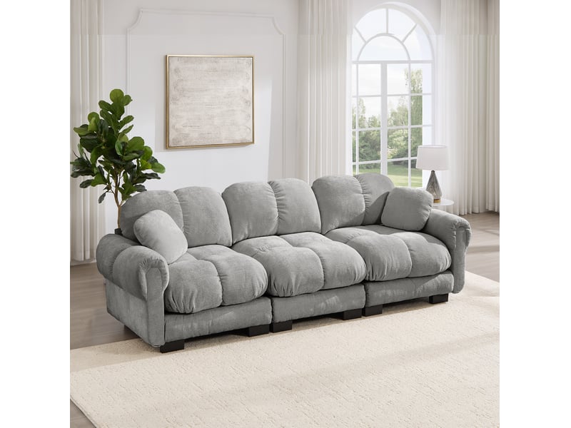  Canapé 3 places modenvie modulaire en chenille gris clair, 260 x 86 x 90 cm, avec 2 coussins décoratifs  - Conforama D