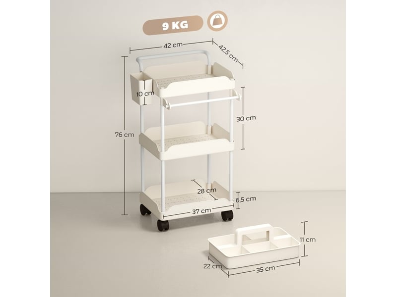  Desserte de cuisine 42 x 42,5 x 76 cm blanche en métal, 3 paniers et porte-serviettes à roulettes  - Conforama C