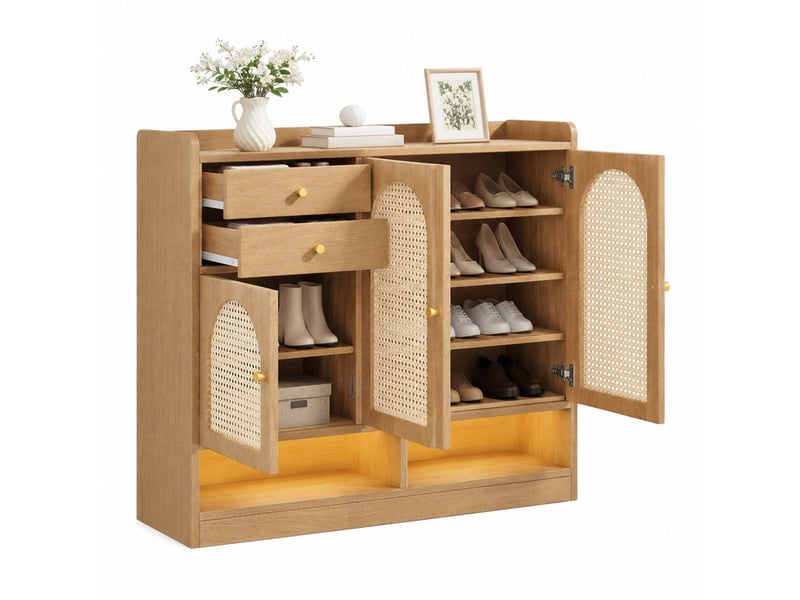  Meuble à chaussures l120 x p35 x h100 cm en mdf et panneaux de particules avec 3 portes, 2 tiroirs et led naturel chicfurn  - Conforama A