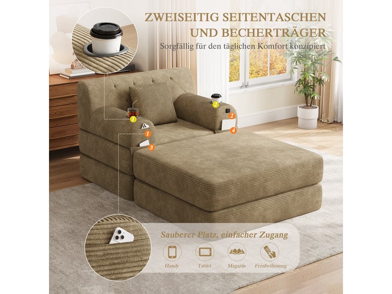  Fauteuil convertible 1 place avec fonction couchage, dossier haut, 4 poches et 2 porte-gobelets, en velours côtelé kaki  - Conforama E