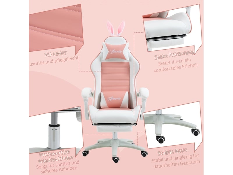  Fauteuil gaming ergonome avec support lombaire, repose-pied, fauteuil de jeu avec oreilles de lapin, oreiller tête, réglable en hauteur bureau avec fonction lit rose  - Conforama D