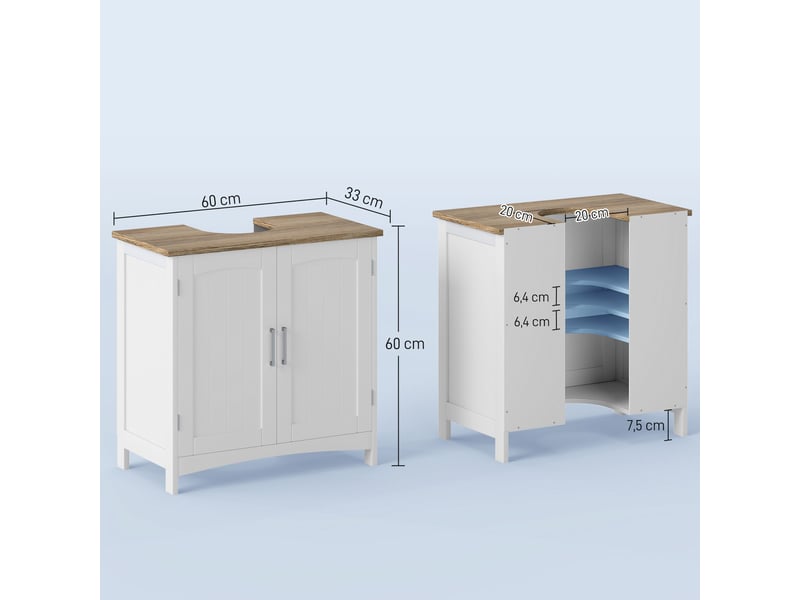  Meuble salle de bain sous lavabo à double portes avec étagères réglables, blanc et bois naturel  - Conforama C